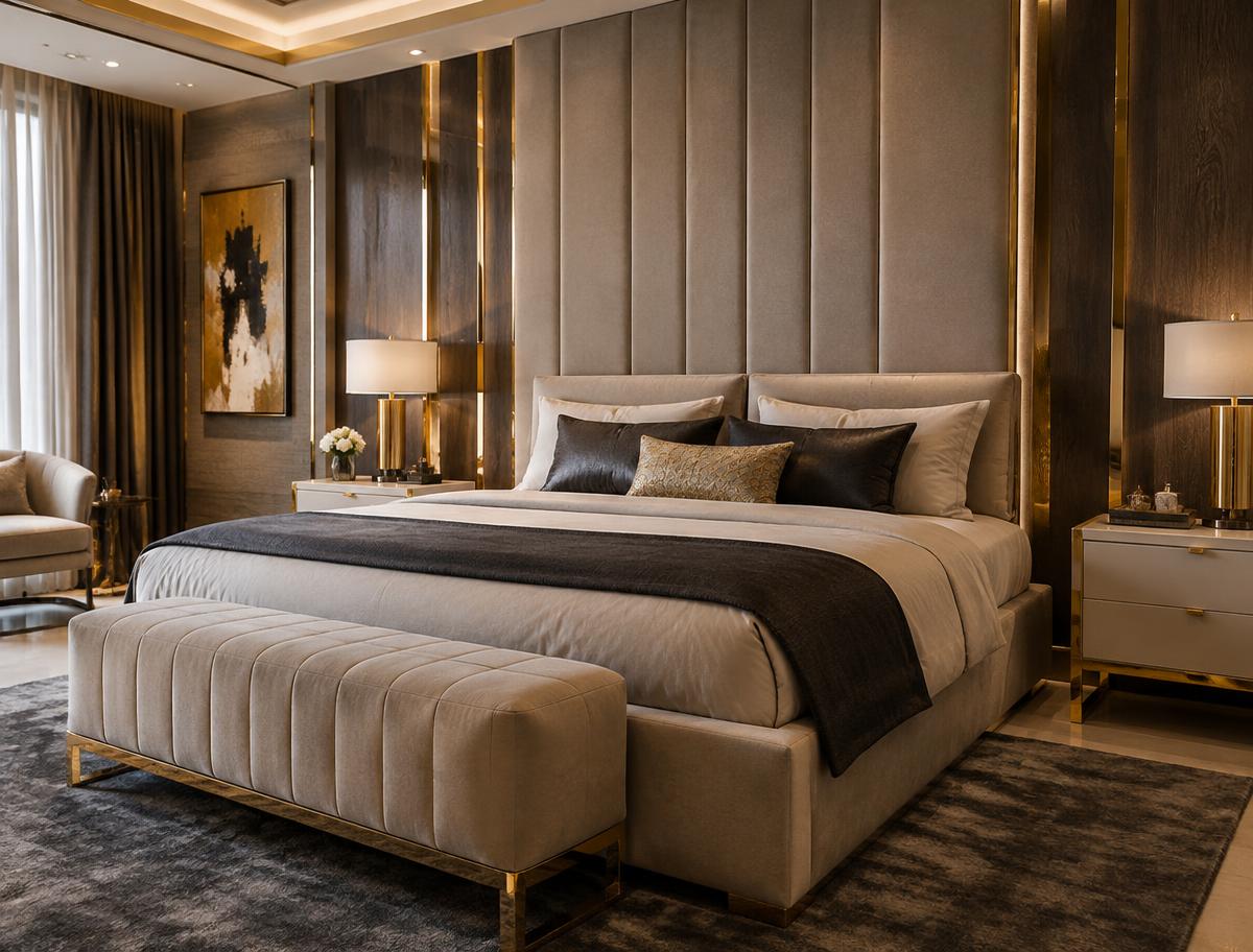 Luxury bedroom with upholstered headboard wall