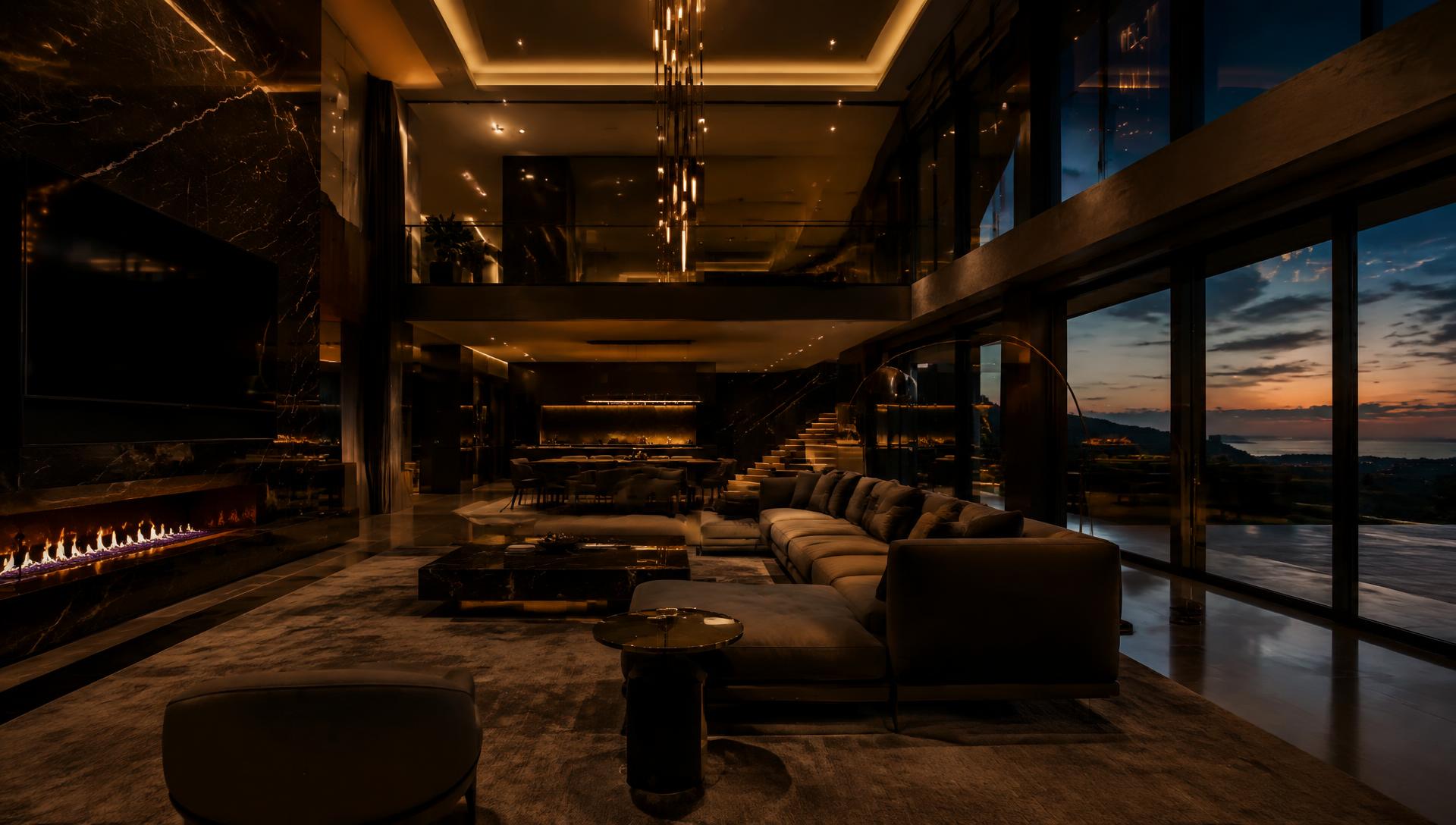 Luxury modern villa interior with warm gold lighting